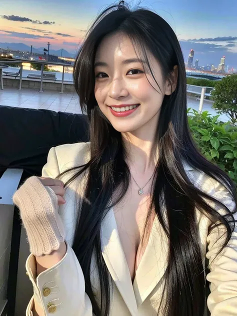 (Photo of a super beautiful Korean wife with black hair:1.3)(grin,smile)(Beautiful Sweat:1.3)(16K, RAW Photos, Highest quality, masterpiece: 1.2),(Shiny wavy black hair fluttering in the wind) Super detailed, Super Resolution, (Genuine, Genuine photos: 1.3...