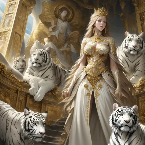 [intricate and detailed masterpiece of a goddess, realistic 4k image], the goddess is of human-feline race, she is adorned with intricate tiger tattoos, wearing a celestial outfit with gold embroidery , (accompanied by her faithful white tiger companion) i...