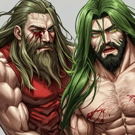 Bloody and screaming muscle god green eyes long hair beard