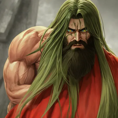 Bloody and screaming muscle god green eyes long hair beard