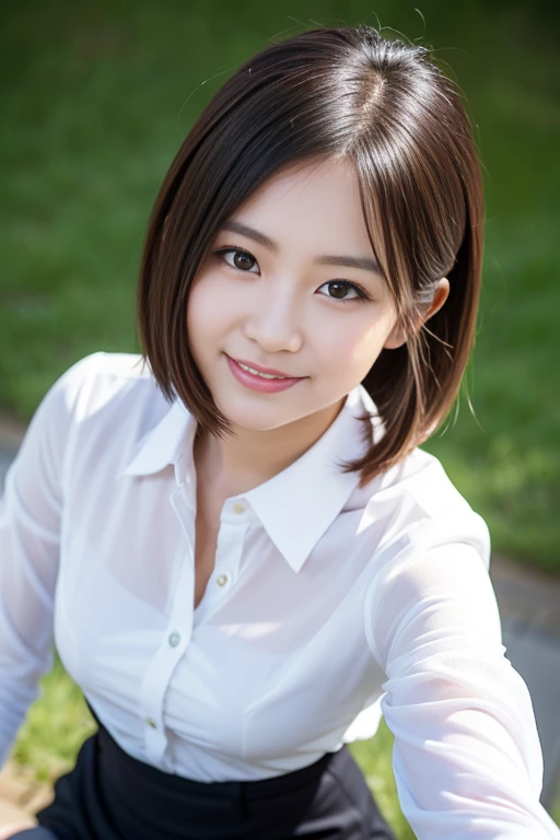 (A beautiful Japanese office lady, age 28, wearing formal White shirt with buttons & lime pencil skirt, interacting with Cici AI app, friendly and feminine expressions, kind smile, dimpled chins, cute snaggle-tooth, short bob hair ponytail, symmetrical fac...