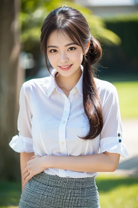 (A beautiful Japanese office lady, age 28, wearing formal White shirt with buttons & lime pencil skirt, interacting with Cici AI app, friendly and feminine expressions, kind smile, dimpled chins, cute snaggle-tooth, short bob hair ponytail, symmetrical fac...