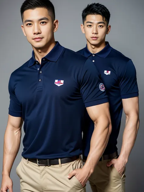 (Create a masterpiece: 1.2),(CGI art:1.3),(realistic:1.5),(After processing:1.3),(Sharp focus:1.3),10,1 man, smile, (Wear a navy polo shirt...), Navy cargo pants, Korean guy , korean men, (High gloss details), chest muscles, large arm muscles, blood vessel...