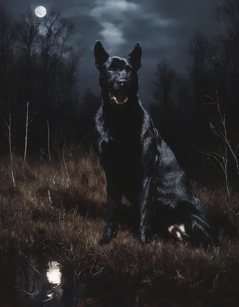 dark fashion photography of giant dog near forest in night