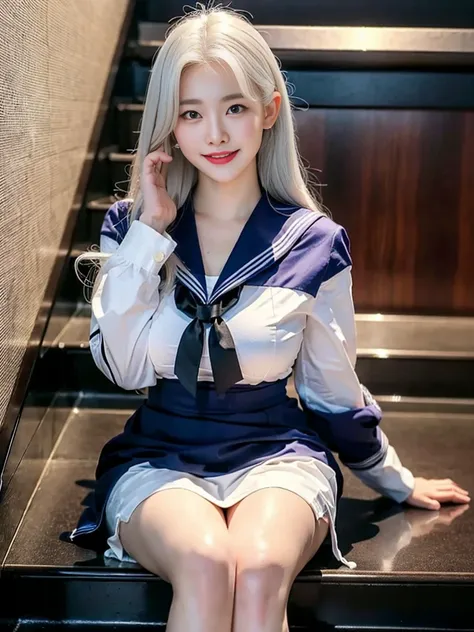 (Commemorative photo of a super cute Korean office lady with pure white hair:1.3)(grin,smile)(Beautiful Sweat:1.3)(16K, RAW Photos, Highest quality, masterpiece: 1.2),(Shiny wavy braids fluttering in the wind) Super detailed, Super Resolution, (Genuine, Ge...