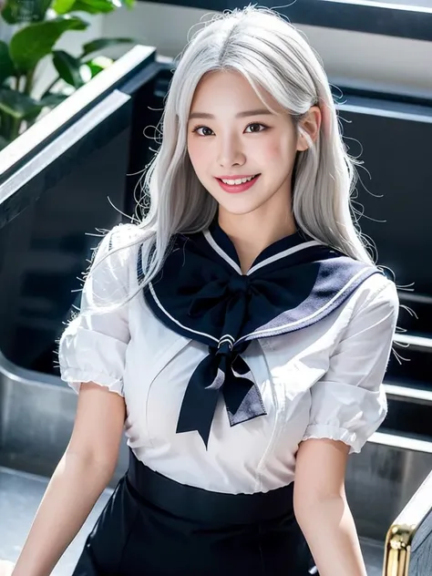 (Commemorative photo of a super cute Korean office lady with pure white hair:1.3)(grin,smile)(Beautiful Sweat:1.3)(16K, RAW Photos, Highest quality, masterpiece: 1.2),(Shiny wavy braids fluttering in the wind) Super detailed, Super Resolution, (Genuine, Ge...