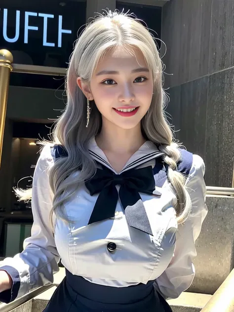 (Commemorative photo of a super cute Korean office lady with pure white hair:1.3)(grin,smile)(Beautiful Sweat:1.3)(16K, RAW Photos, Highest quality, masterpiece: 1.2),(Shiny wavy braids fluttering in the wind) Super detailed, Super Resolution, (Genuine, Ge...