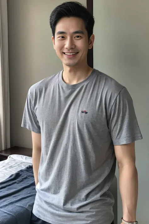 Korean man, Inspiration from Peng Yuyan, 30 years old, 236 years old, Cute Korean Face, 35 yo, 33 year old Korean muscular man，The bedroom is in the back. gray t-shirt, open mouth smile