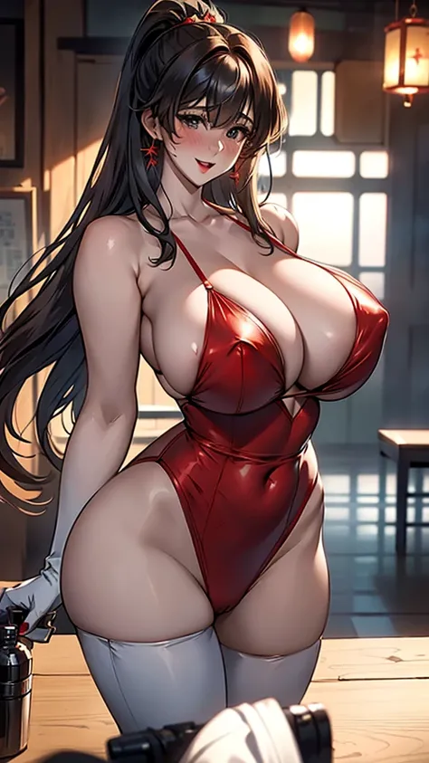 18-year-old girl，Baby Face，Crimson short-haired，ponytail hairstyle，Smile，Huge breasts，cleavage，Sheer red sleeveless top，Leave space in the middle to reveal cleavage，Soaked all over，Blushing，green eyes，Female spy，Red miniskirt，White gloves，White hand sleeve...