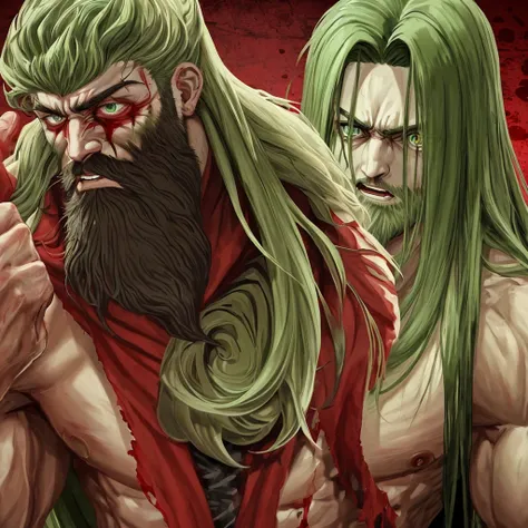 Bloody and screaming muscle god green eyes long hair beard