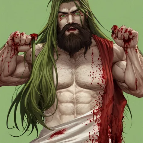 Bloody and screaming muscle god green eyes long hair beard