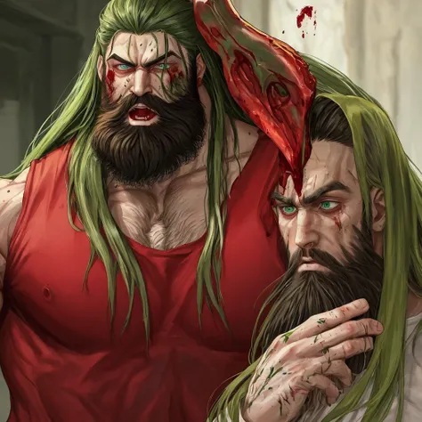 Bloody and screaming muscle god green eyes long hair beard