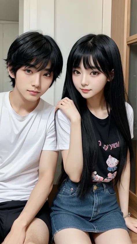 Anime boy and girl, who are best friends, have black hair, look very cute, age of 26 years, korean style