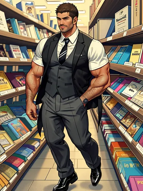 30 years old, male, white inch, stubble, huge muscles, mature man, muscle swelling, bodybuilding, chest muscles, abs, in a bookstore, wearing a suit vest, tie, trousers, black socks, leather shoes, natural light, wheat-colored skin, 1man