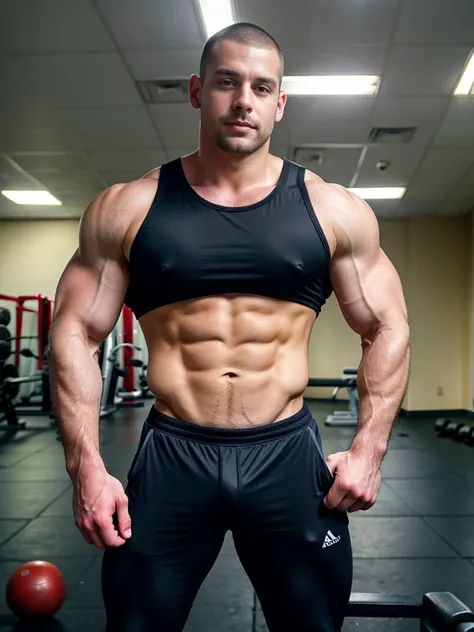 Masterpiece, best quality, high resolution, realistic, handsome, Take beautiful photos, Sayk, NRF, Photo of the 35 year old gym association (man:1.2) Portrait, standing in the gym , make military media, weight, Amazing , Buzzcut short hair,stubble head , (...