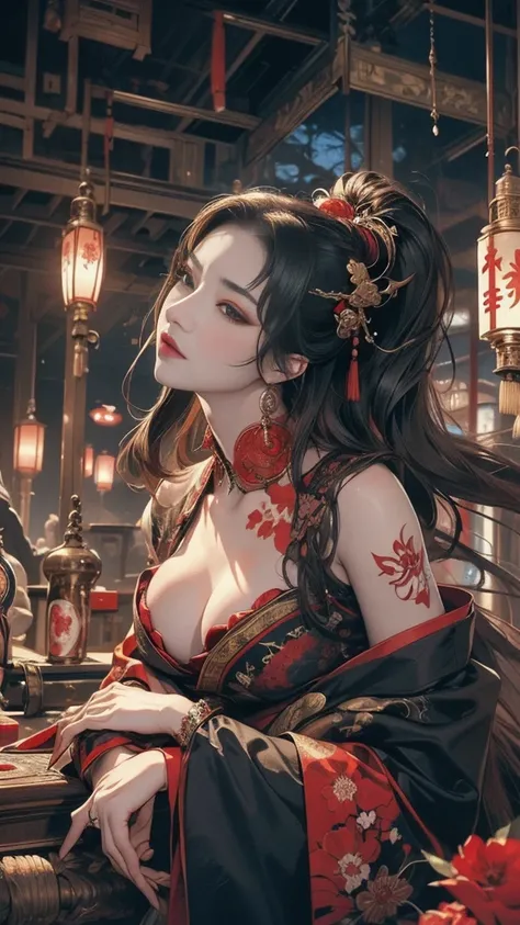 Beautiful demon painting, Demon woman with a Japanese sword, A strong female warrior, gambling, Beautiful black-haired demon, Beautiful red kimono, Oiran, The highest ranking prostitute, Ghost Girl, Female Yakuza, Inspired by Chen Yifei, Works that influen...