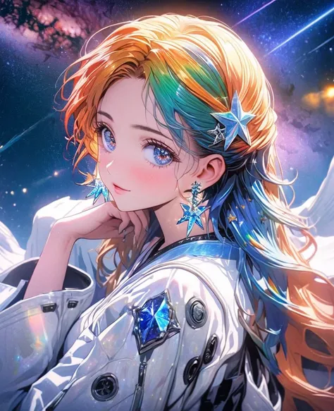 8K,gal，an extremely delicate and beautiful,Beautiful and realistic skin,Shiny jewel-like earrings,Long colorful hair,beautiful eyes,full body,head to toe,beautiful regs,orihime,beautiful milky way,beautiful tinkle stars ,Star of the sky
