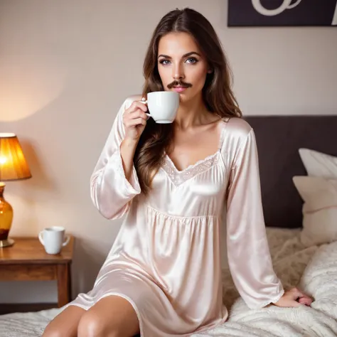 stubble beard woman with mustach, brown hair, amber eyes, in nightgown, drinks coffee