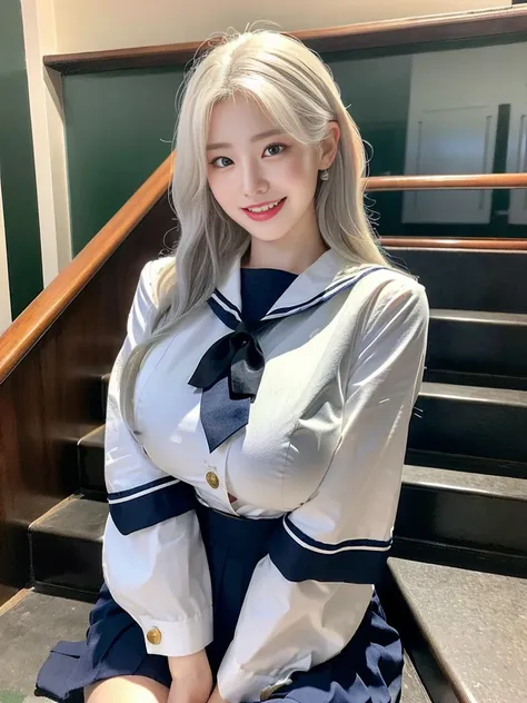 (Commemorative photo of a super cute Korean office lady with pure white hair:1.3)(grin,smile)(Beautiful Sweat:1.3)(16K, RAW Photos, Highest quality, masterpiece: 1.2),(Shiny wavy braids fluttering in the wind) Super detailed, Super Resolution, (Genuine, Ge...