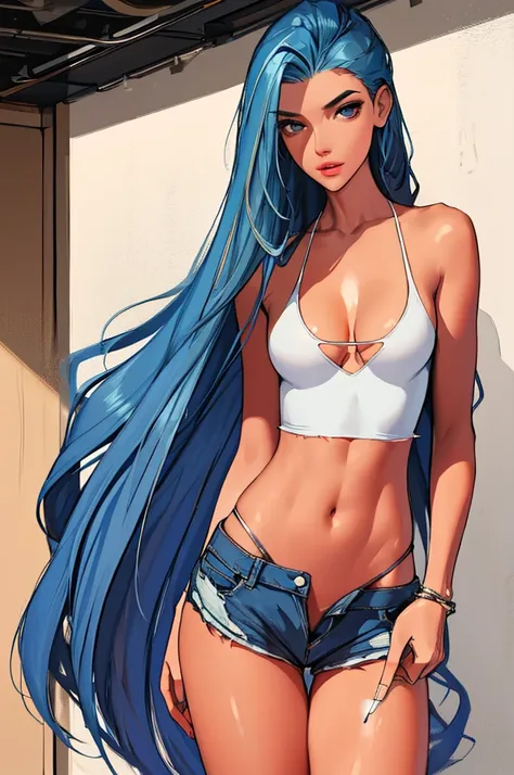 (best quality: 1.2), clean face, (masterpiece: 1.2, 8k) perfect anatomy, 1girl,a beautiful fashion model ,(masterpiece, official art, best quality ,long and shiny hair, blue hair with streaks in hair, long hair, full lips, slender body, slim body big breas...