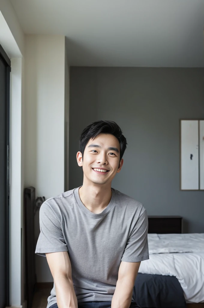 Korean man, Inspiration from Peng Yuyan, 30 years old, 236 years old, Cute Korean Face, 35 yo, 33 year old Korean muscular man，The bedroom is in the back. gray t-shirt, open mouth smile