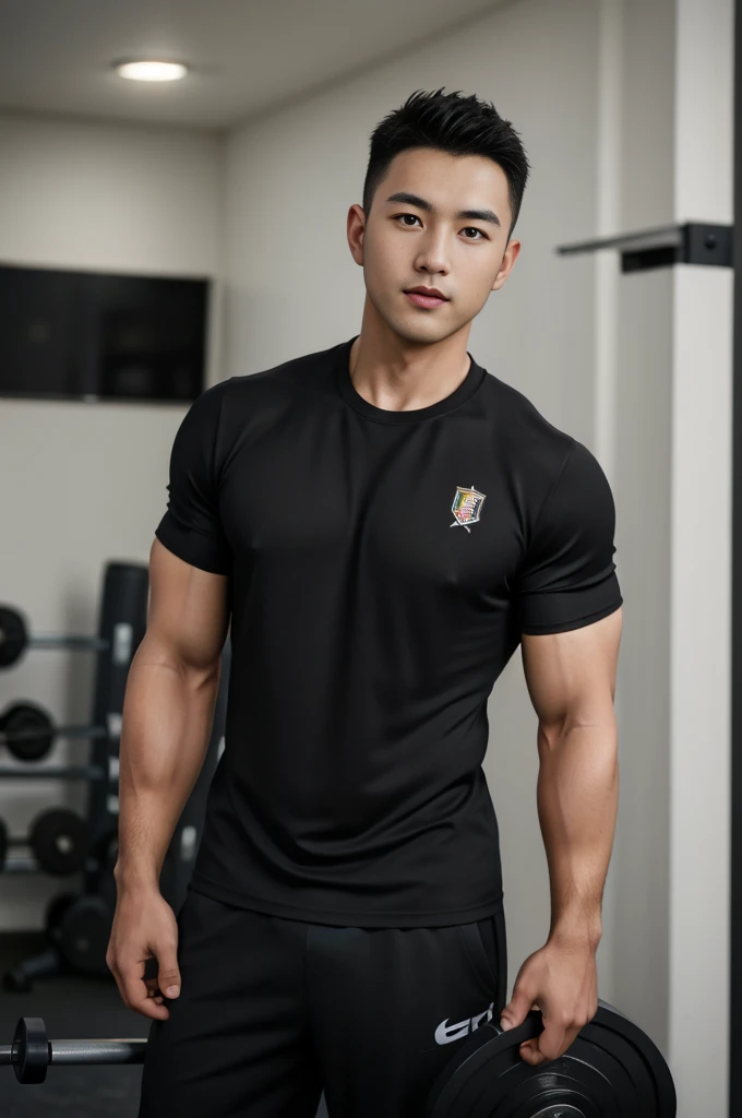 Masterpiece, best quality, high resolution, realistic, handsome, Take beautiful photos, Sayk, NRF, Photo of the 35 year old gym association (man:1.2) Portrait, standing in the gym , make military media, weight, Amazing , Buzzcut short hair,stubble head , (...