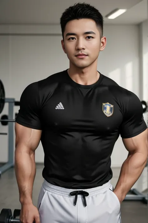 Masterpiece, best quality, high resolution, realistic, handsome, Take beautiful photos, Sayk, NRF, Photo of the 35 year old gym association (man:1.2) Portrait, standing in the gym , make military media, weight, Amazing , Buzzcut short hair,stubble head , (...