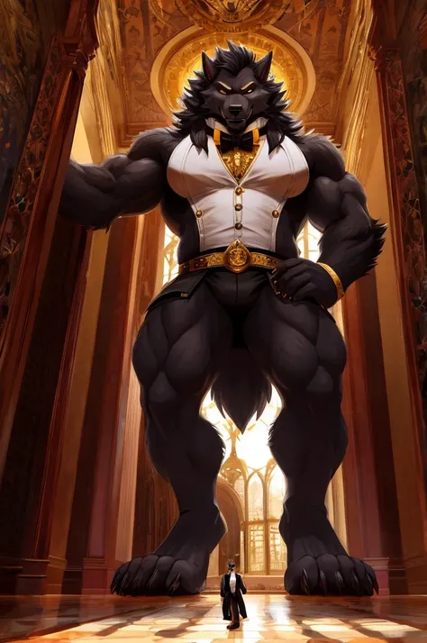 Giant Buff Werewolf Butler, Confident, Golden Eyes, Muscular, Handsome, Charming, View from Below, High Contrast, Standing over the Viewer, Macro, Inside Mansion, Gold Collar, Barefoot, Flirty