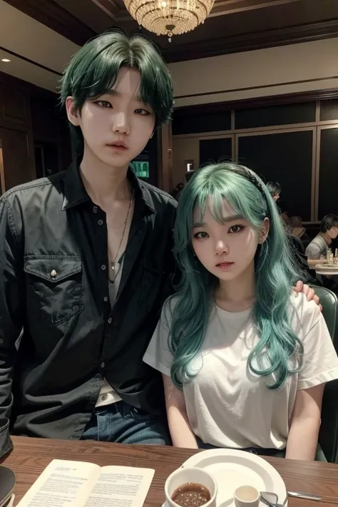 Min Yoongi from korean group bts with green mint hair dressed in black colour.
In a date with a american girl with white skin, blue eyes and long curly hair dressed with a purple shirt and black jeans both dinning in a luxurious restaurant