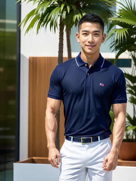 (Create a masterpiece: 1.2),(CGI art:1.3),(realistic:1.5),(After processing:1.3),(Sharp focus:1.3),10,1 man, smile, (Wear a navy polo shirt...), Navy cargo pants, Korean guy , korean men, (High gloss details), chest muscles, large arm muscles, blood vessel...