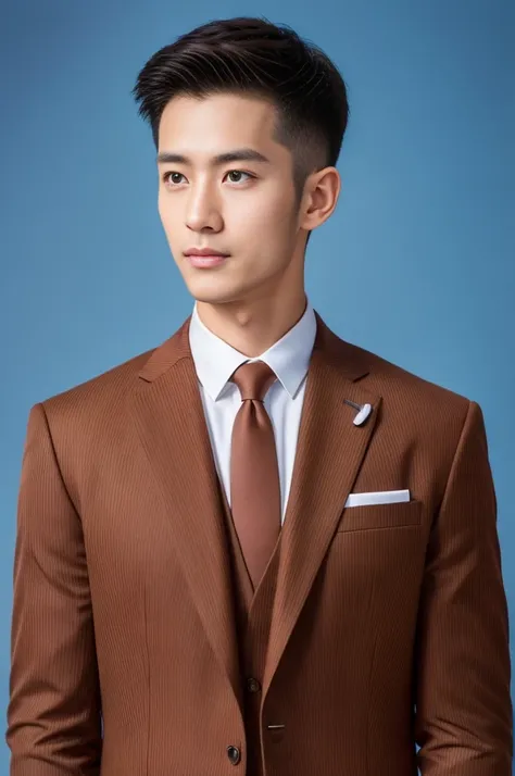 Brown striped suit、　30-year-old handsome employee、The hair is neat.It is not advisable to cut the beard short.no beard.　（Super handsome S-class suit man）、　Japanese male, 30 years old、　merchant、　Super Deluxe Set、　office、　Stand up in a suitＳyoung handsome ma...