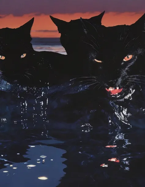 black cats in black water, sunset background