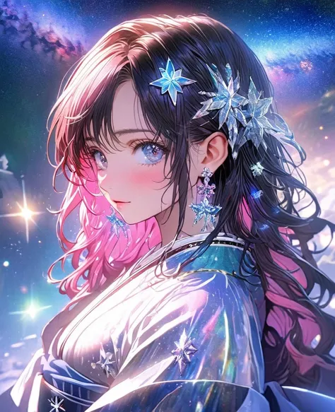 8K,gal，an extremely delicate and beautiful,Beautiful and realistic skin,Shiny jewel-like earrings,Long colorful hair,beautiful eyes,full body,head to toe,beautiful regs,orihime,beautiful milky way,beautiful tinkle stars ,Star of the sky
