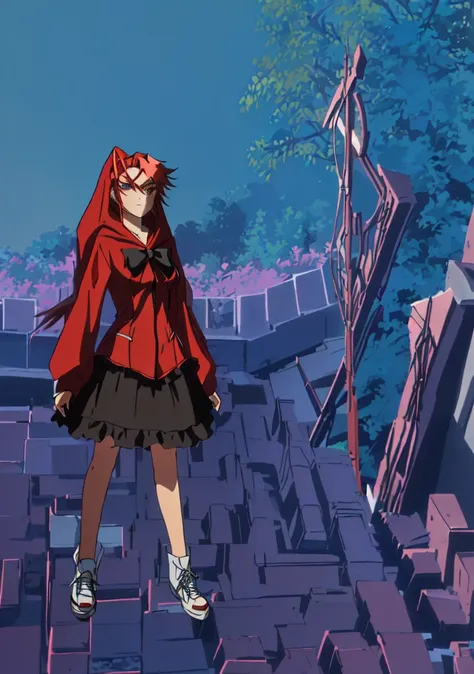 cartoon of a girl in a red and black outfit with a bow, red demon cloak, villain wearing a assassin suit, red hooded assassin, crimson attire, face hidden by hoodie cloak, archer, mask, bow in display