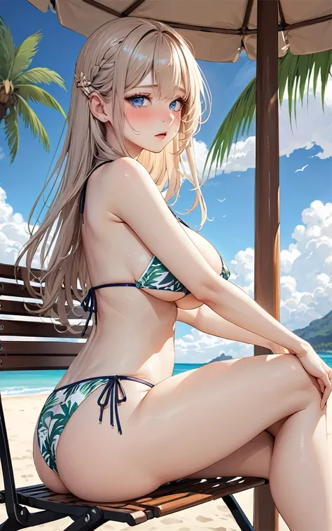 Highest quality、super high quality、16K, Delicious big breasts、The expression is embarrassed, The outfit is a bikini、The location is the beach、 Palm tree、cloud、Pose is sitting on a chair、 Hair color is random、Hair length is short、The angle is from the side、...