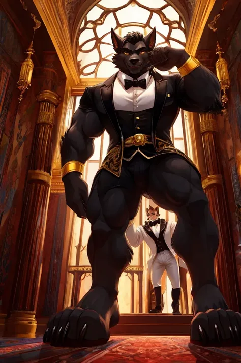 Giant Buff Werewolf Butler, Confident, Golden Eyes, Muscular, Handsome, Charming, View from Below, High Contrast, Standing over the Viewer, Macro, Inside Mansion, Gold Collar, Barefoot, Flirty