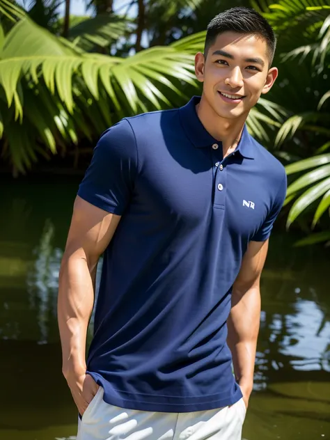 (Create a masterpiece: 1.2),(CGI art:1.3),(realistic:1.5),(After processing:1.3),(Sharp focus:1.3),10,1 man, smile, (Wear a navy polo shirt...), Navy cargo pants, Korean guy , korean men, (High gloss details), chest muscles, large arm muscles, blood vessel...