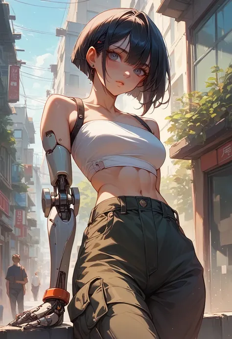 32k、Complex、Very detailed、whole body、Short black hair、Wear a white tube top、Wear black cargo pants、Wear black short boots、Both arms are robots、Building district、kneel、Female Cyborg