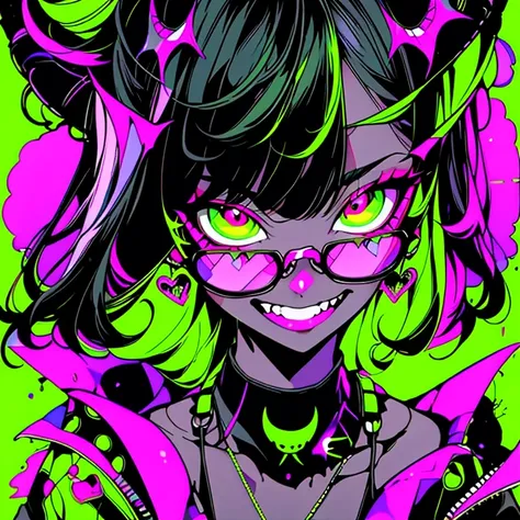 (Highest quality)Demon Anime Girl,Black-haired,drooping eyes,bikini,Open jacket,Huge ,length,Half Up,neon green and purple color background, Grinning face,Glasses、whole body