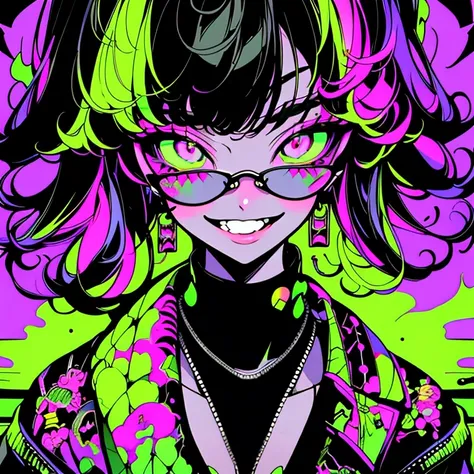 (Highest quality)Demon Anime Girl,Black-haired,drooping eyes,bikini,Open jacket,Huge ,length,Half Up,neon green and purple color background, Grinning face,Glasses、whole body