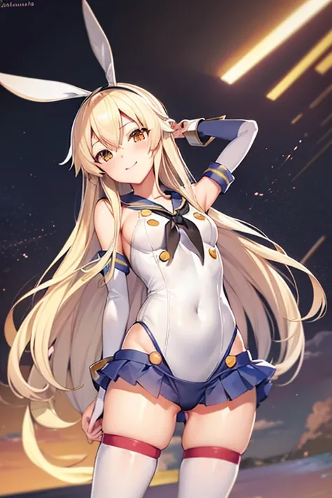 anime, One girl, (shimakaze_Kantai Collection), Long Hair, Blonde, smile, Pause , Rabbit costume, Bunny ears, Rabbit&#39;s Tail, Bare shoulders, Strapless, Glittering background