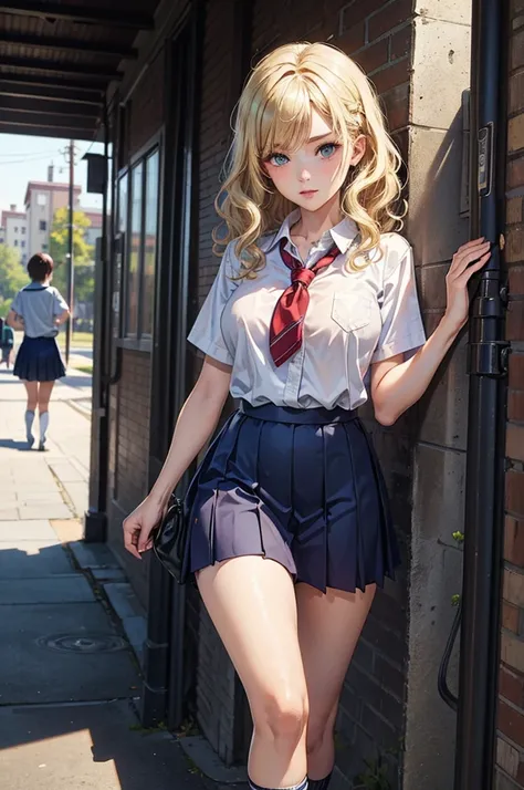 (masterpiece),sexy:1.2,solo,girl,(wavy hair,blonde hair),
(school uniform:1.2),baggy socks,