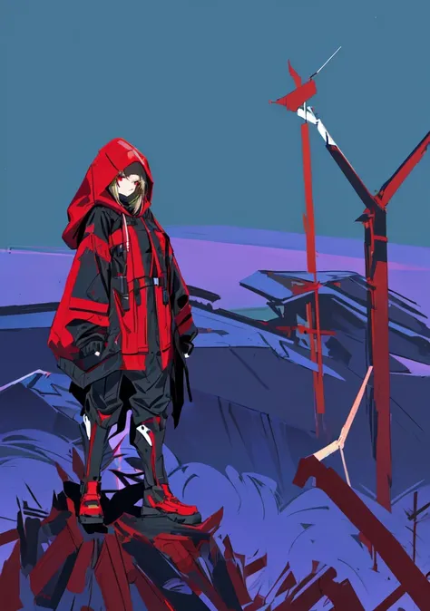 cartoon of a girl in a red and black outfit with a bow, red demon cloak, villain wearing a assassin suit, red hooded assassin, crimson attire, face hidden by hoodie cloak, archer, mask, bow in display