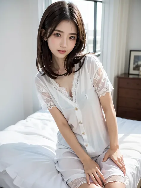 (Highest quality:1.9)、(High resolution)、Live-action image quality、((19 year old female university student、1 person))、Soft lighting by a professional photographer、Natural light、((Very spacious white luxurious room:1.6))、((Bright white room:1.6))、(Standing i...