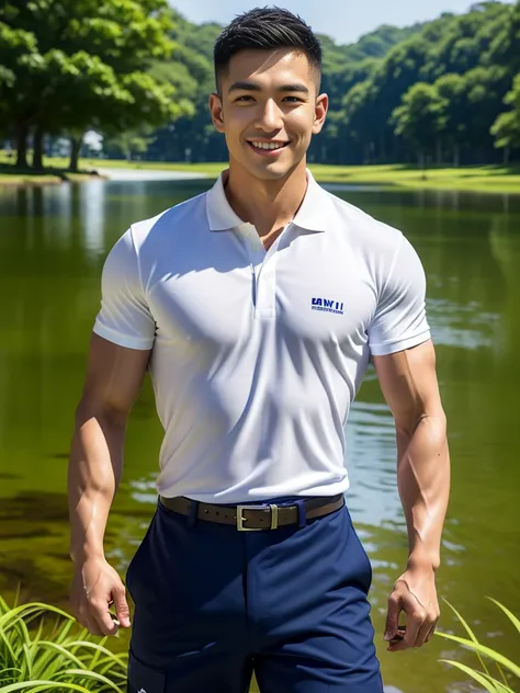 (Create a masterpiece: 1.2),(CGI art:1.3),(realistic:1.5),(After processing:1.3),(Sharp focus:1.3),10,1 man, smile, (Wear a navy polo shirt...), Navy cargo pants, Korean guy , korean men, (High gloss details), chest muscles, large arm muscles, blood vessel...