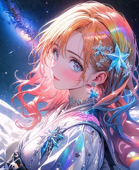 8K,gal，an extremely delicate and beautiful,Beautiful and realistic skin,Shiny jewel-like earrings,Long colorful hair,beautiful eyes,full body,head to toe,beautiful regs,orihime,beautiful milky way,beautiful tinkle stars ,Star of the sky
