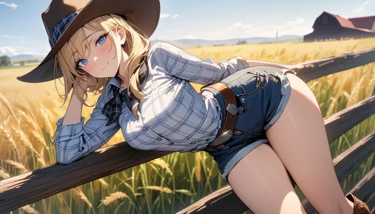 ((best quality)), ((masterpiece)), ((detailed)) woman, long blonde hair, bright blue eyes, soft smile, kind, pretty, cowgirl, cowgirl boots, western hat, flannel shirt tucked into jean shorts, cowgirl belt, bandana around neck, ranch hand, leaning against ...