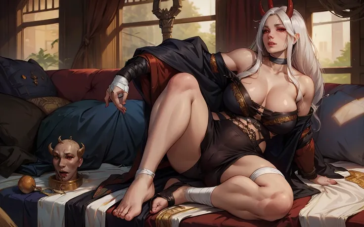 Mature Oni Female , (long white hair), (red eyes), saggy breasts,  sitting, bandaged breasts,  looking_at_viewer, cleavage, large_breasts, offshoulder kimono , jujunaught style, mature curvy thick body shap, muscular, abs, long oni horns, perfect feet