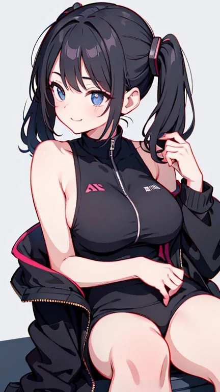 masterpiece,Anime Style,Little,Sexy Girl,Black Hair,Shoulder-length hair tied in two pigtails,Black jacket,With headphones,Lo-fi Background,smile,Big Breasts,listen to music,Waiting on the right side of the picture,
