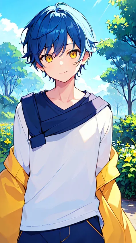 [(SUMMER night BACKGROUND:1.5),::5], ((((masterpiece)))), high quality, very_high_resolution, large_filesize, upper body, full color, ((Solo)), ((little boy)), 13 old year, mens short deepblue hair, vivid color, ((yellow eye)), Summer clothes white, animes...